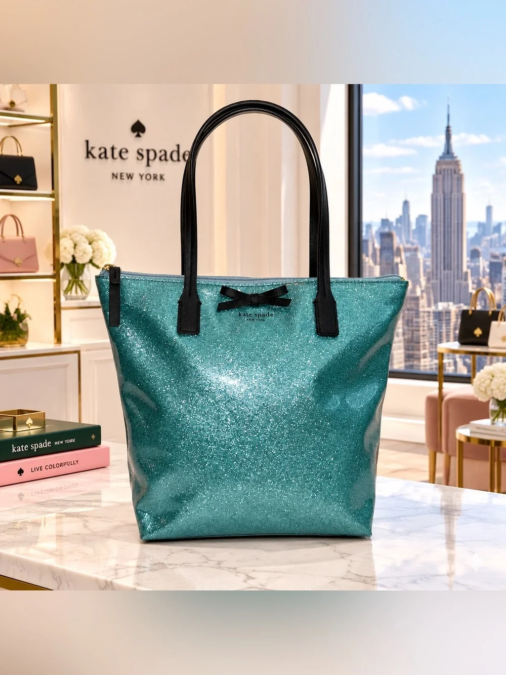 🦋Kate Spade Mavis Glitter Tote Teal Blue Sparkle Bow 🦋